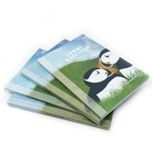 Both softcover and hardcover versions of the "LUNDI MEANS PUFFIN" illustrated activity book