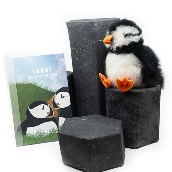 Softcover LUNDI MEANS PUFFIN activity book with LOÐVINIR plush toy from Iceland