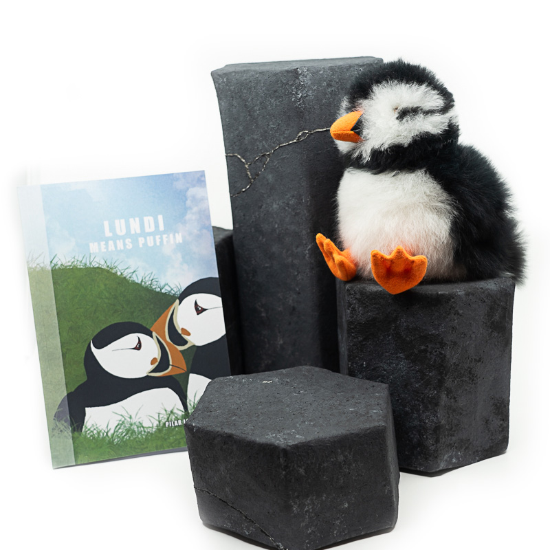 Softcover LUNDI MEANS PUFFIN activity book with LOÐVINIR plush toy from Iceland