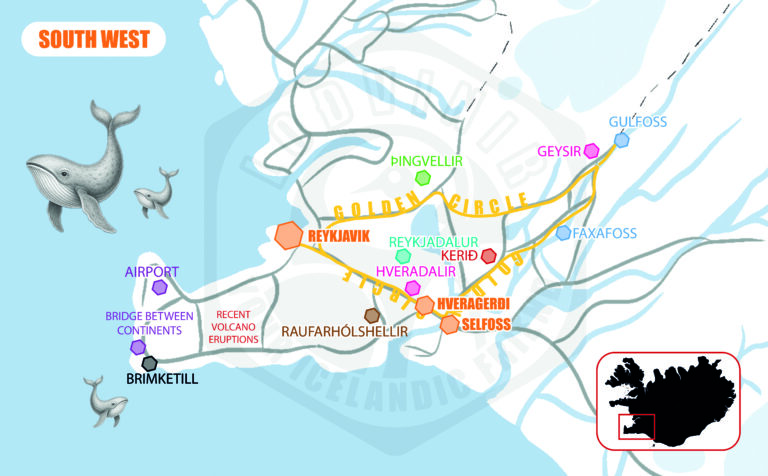 Illustrated map of Reykjanes Peninsula, Reykjavík surroundings, and the Golden Circle route in Iceland
