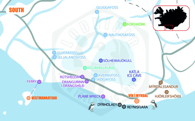 Illustrated map of South Iceland showing the route from Selfoss to Vík with main landmarks