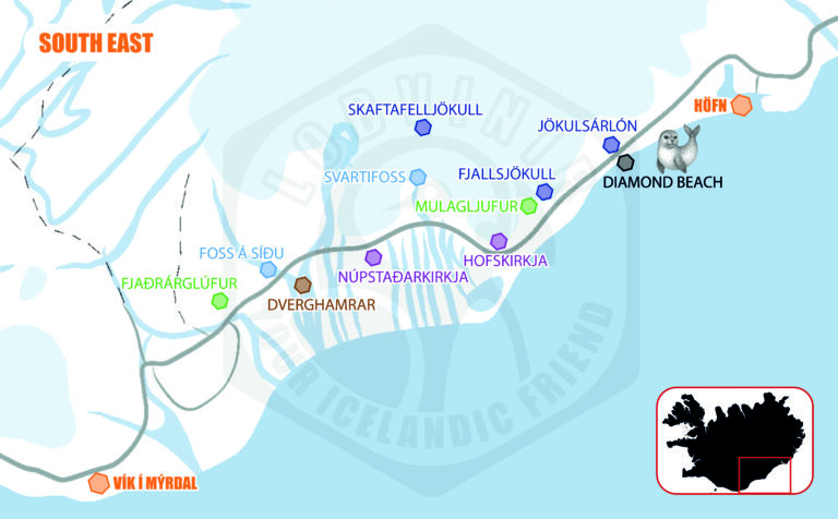 Illustrated map of South Iceland highlighting the route from Vík to Höfn with key landmarks